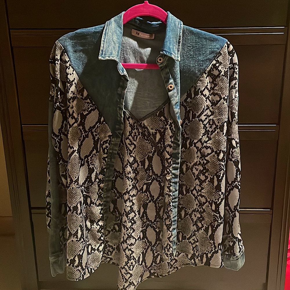 VICI DOLLS denim snake skin button up shirt worn once